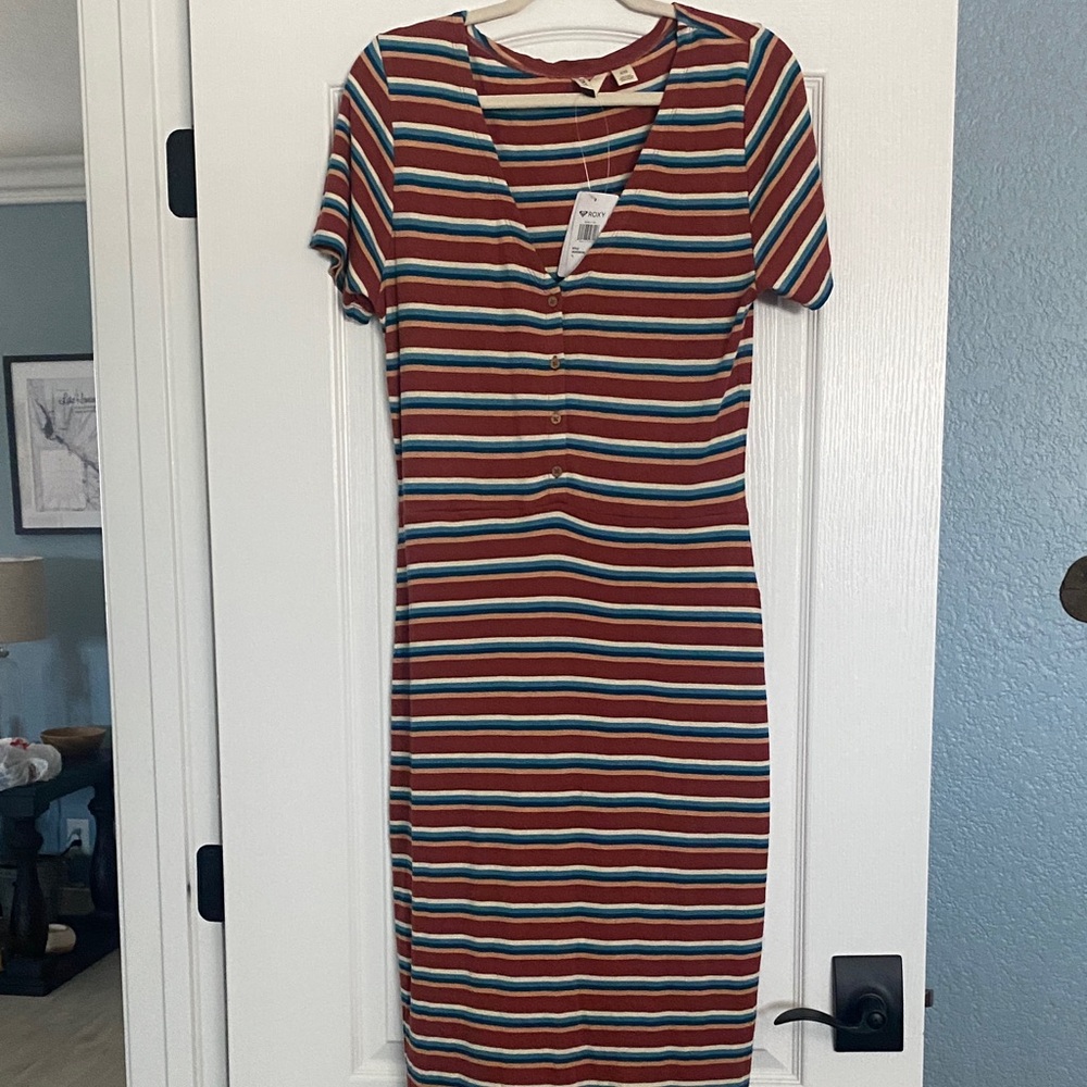Roxy Red and Blue Striped Midi Dress